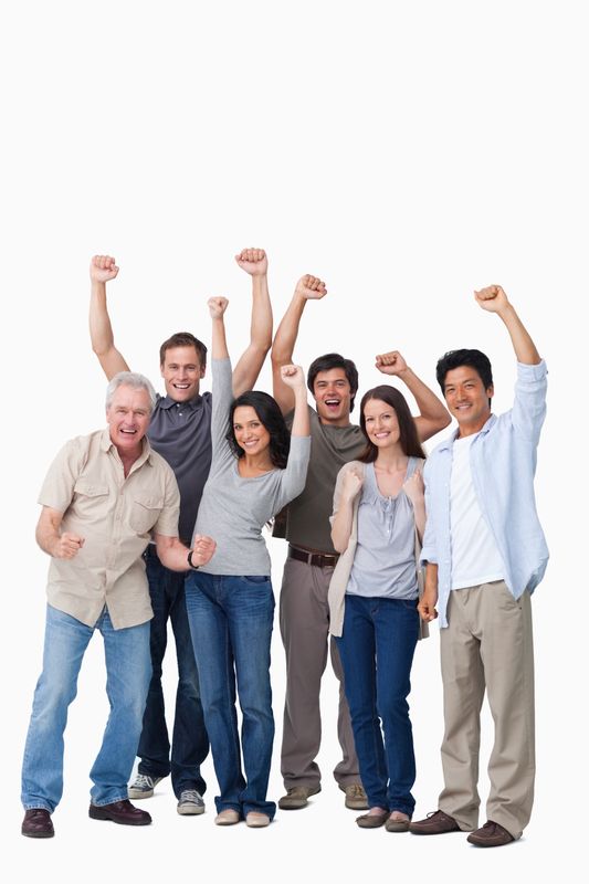 Cheering group of people against a white background