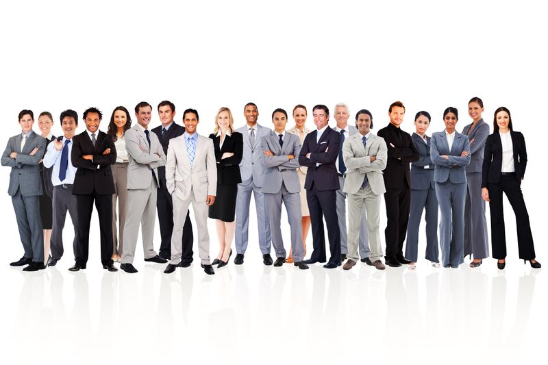 Business people standing up against a white background