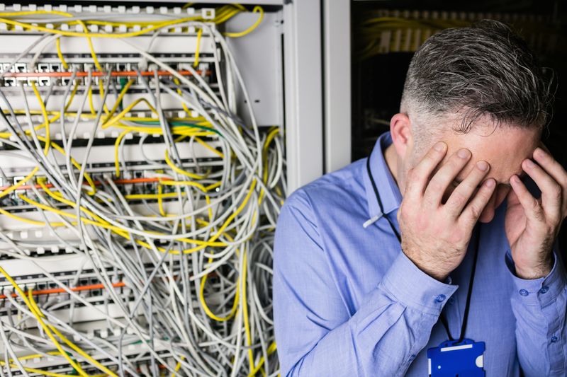 Stressed technician working on broken server