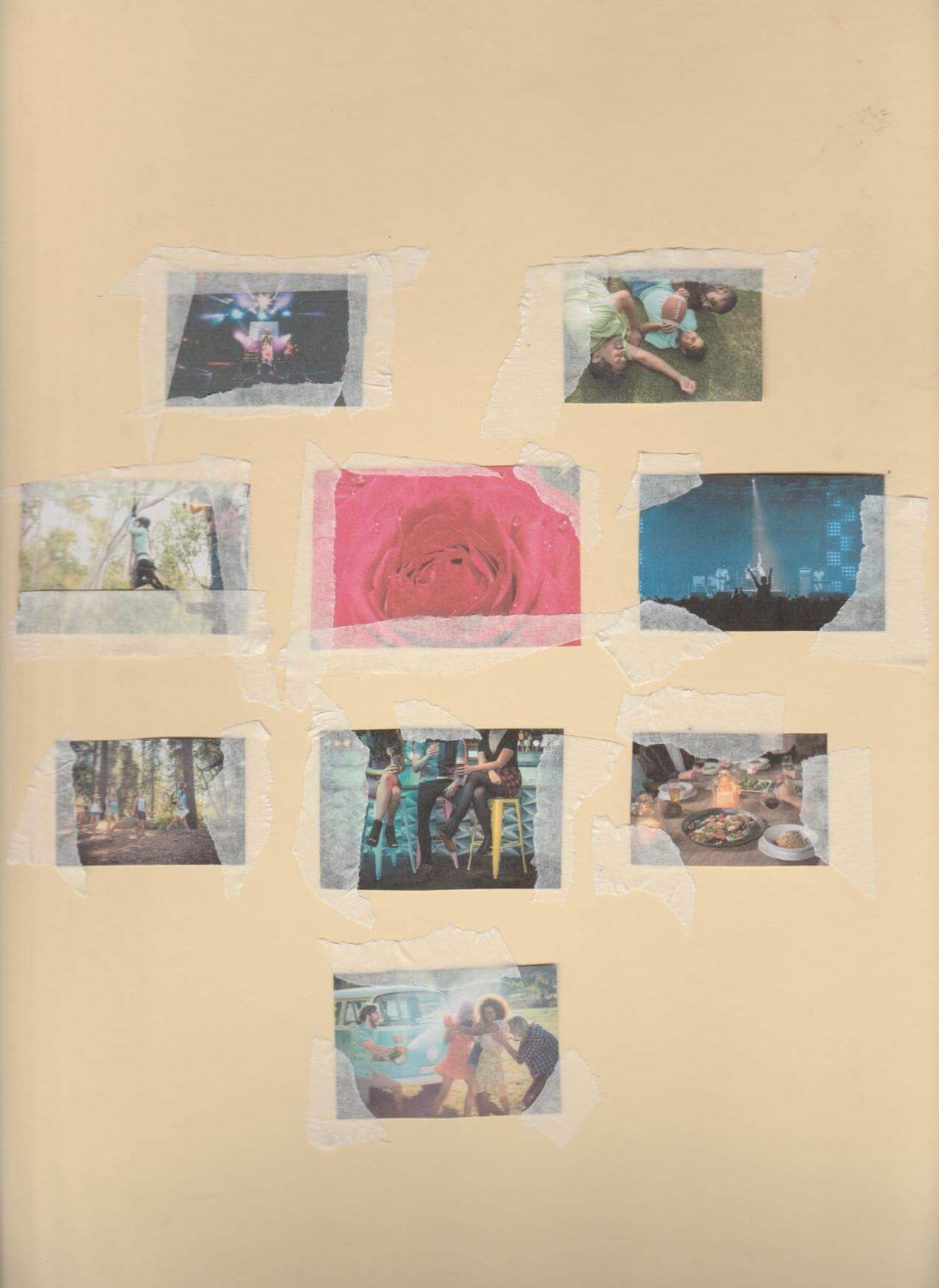 9 Images placed in a heart shape stuck on a cream background with masking tape - Create engaging photo collages: a complete guide - Image