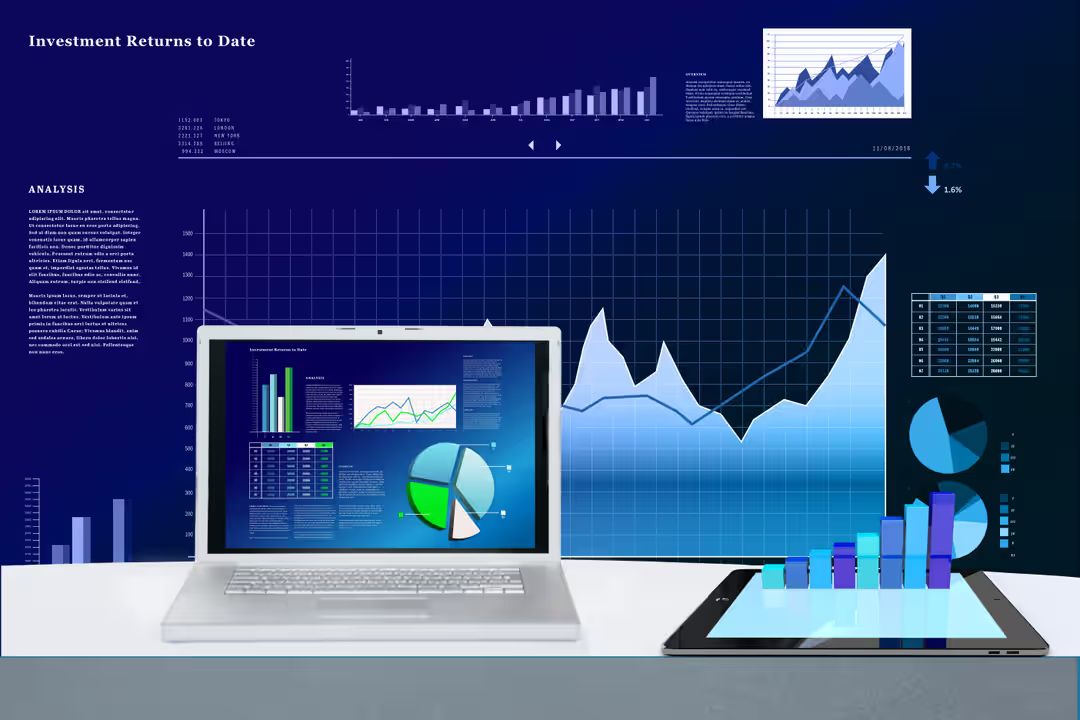 Shades of blue infographic of stock and statistics with a laptop in the font - Must-know design tips for using images on websites - Image