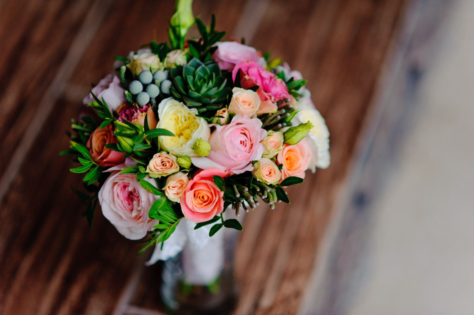 Colorful Bridal Bouquet with Roses and Succulents for a Rustic Wedding - Image