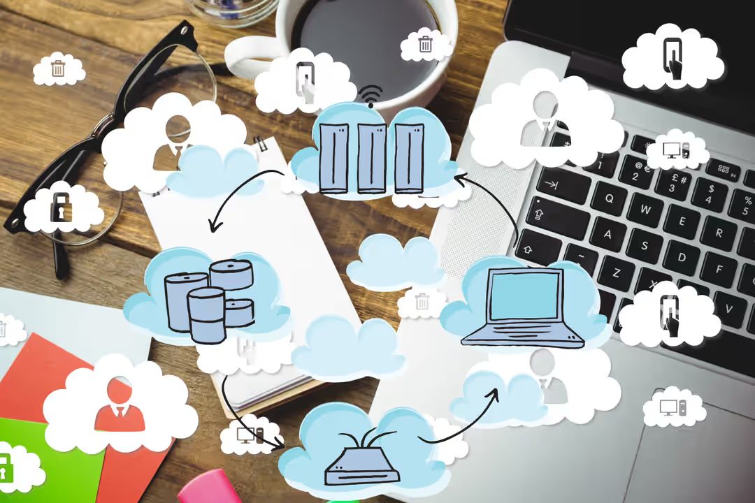 Image of a computer, coffee and glasses with business icons placed over - Must-know design tips for using images on websites - Image