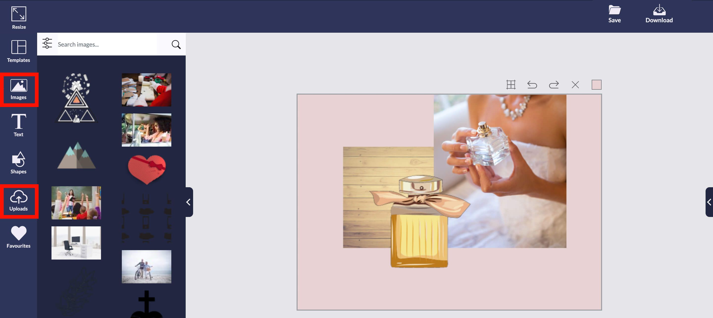 Screenshot of the design wizard canvas featuring more images with the images and upload tabs on the left highlighted in red - Create engaging photo collages: a complete guide - Image