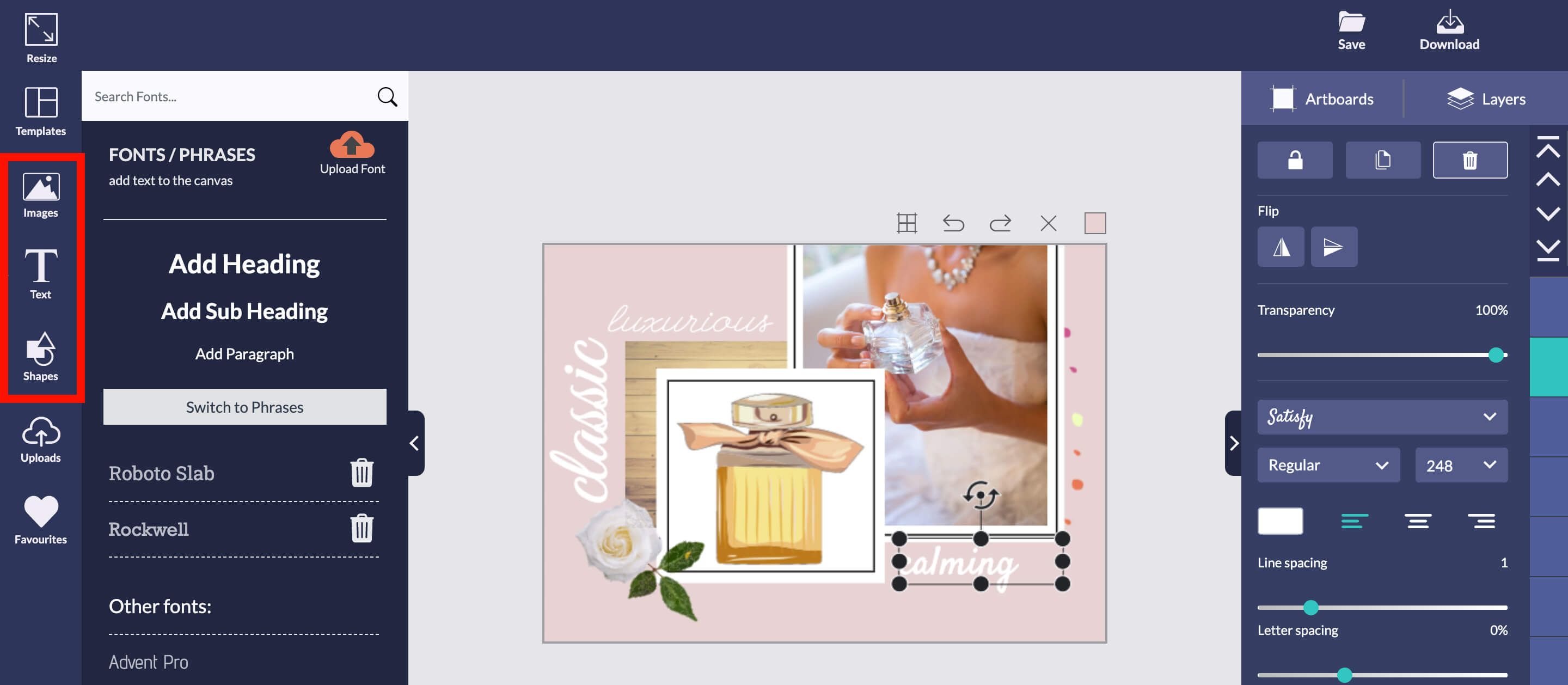 Wide screenshot of design wizard with the images, text and shapes tabs on the left all highlighted in red - Create engaging photo collages: a complete guide - Image