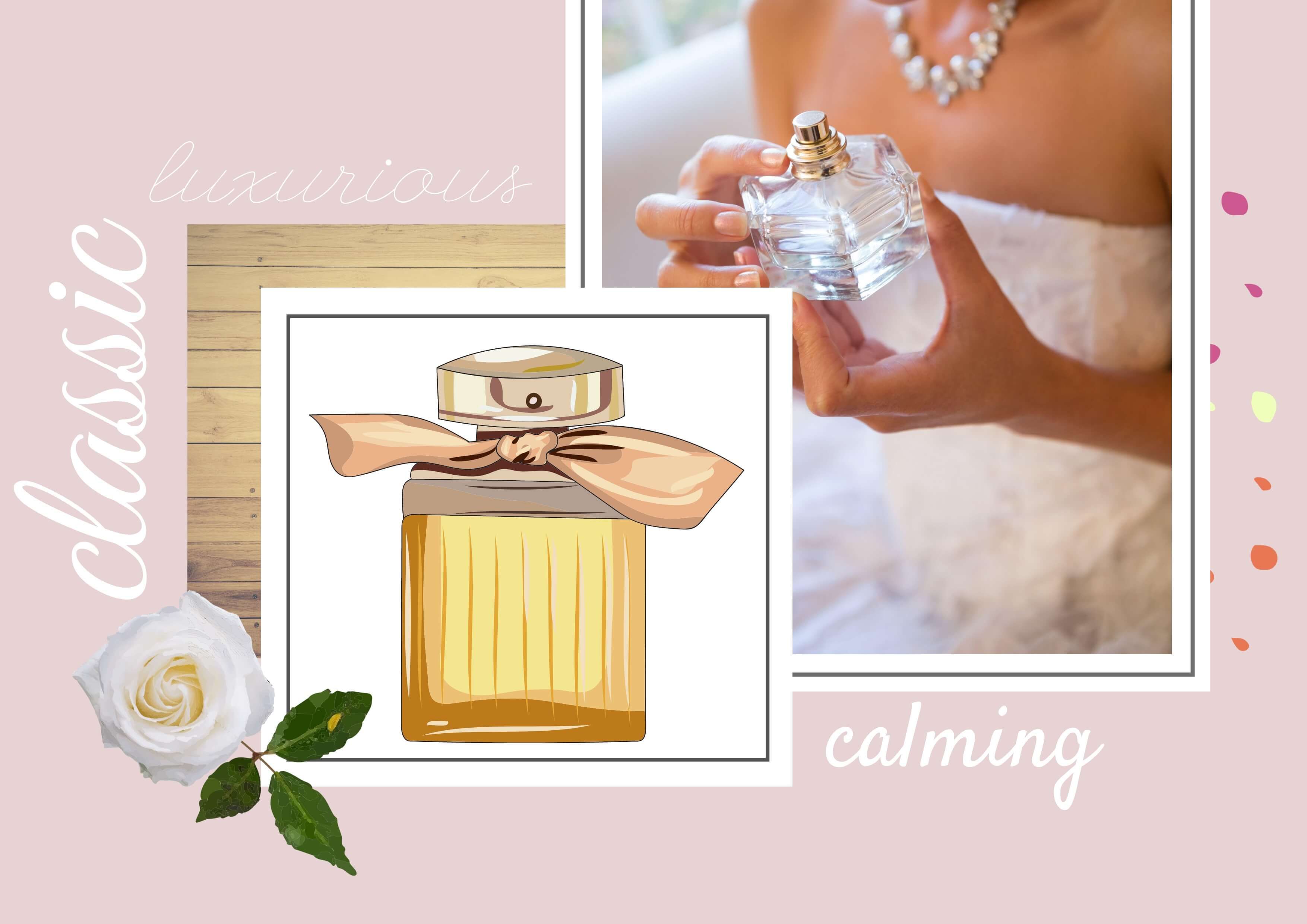 Digital perfume brand identity collage with images of perfume, wood texture, text and icons - Create engaging photo collages: a complete guide - Image