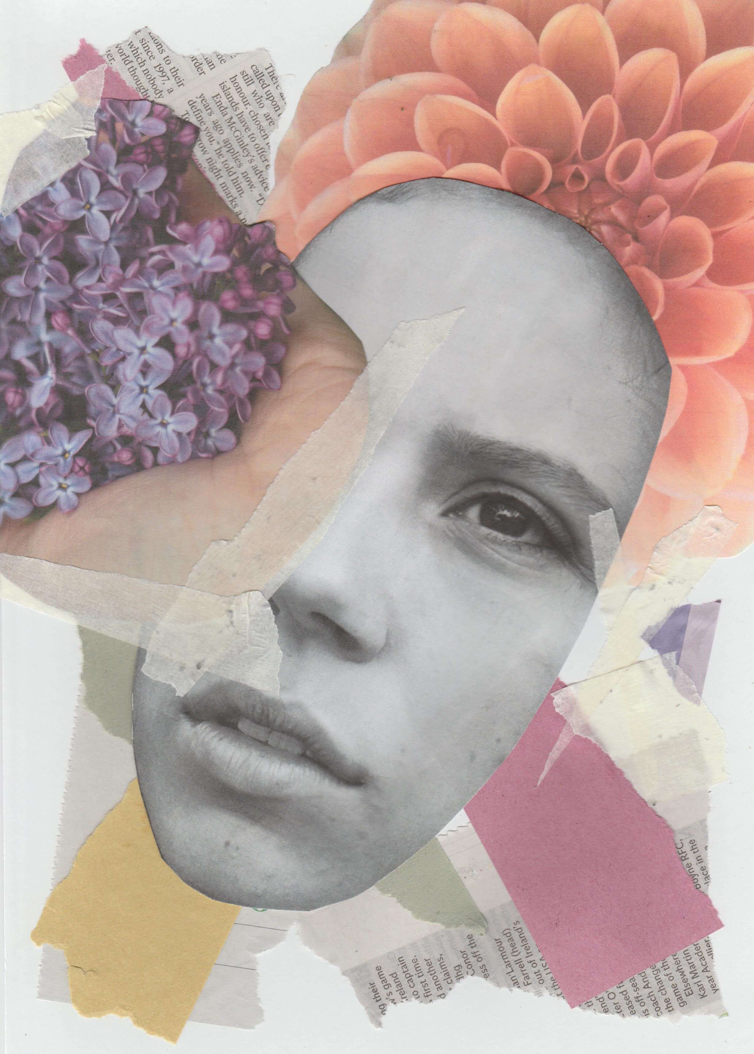 Abstract art collage with an image of a woman, hand holding flowers and a pink flower placed over newspaper with masking tape - Create engaging photo collages: a complete guide - Image