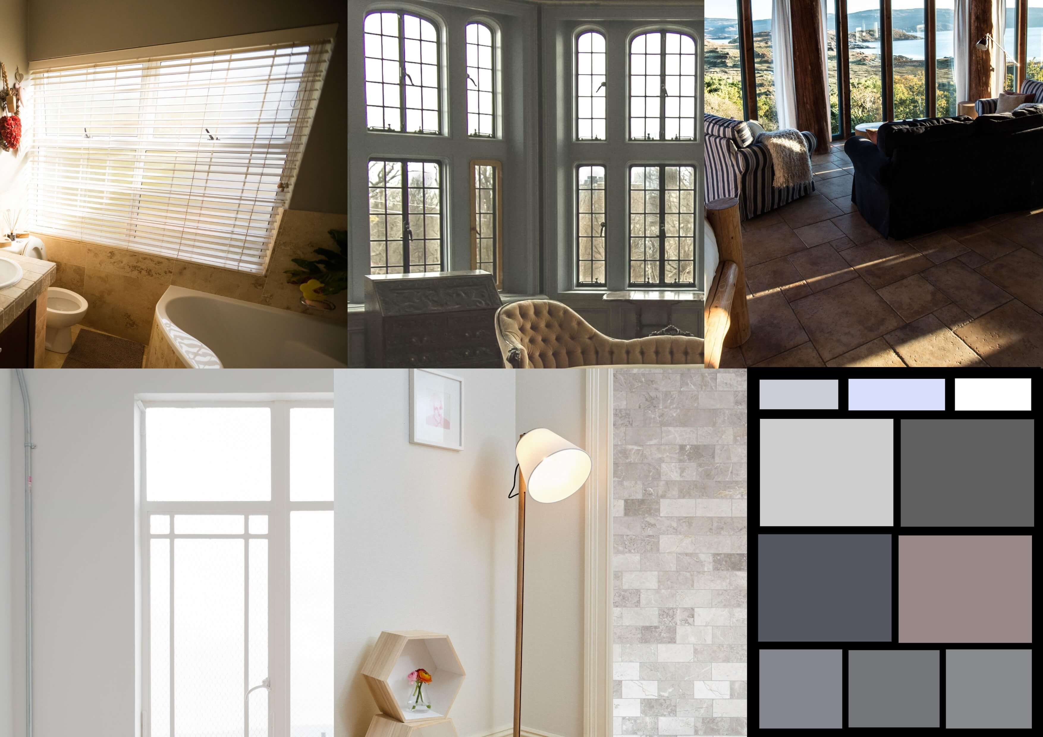 Interior design visualization collage with wall and furniture imagery, and a selection of colors in boxes - Create engaging photo collages: a complete guide - Image