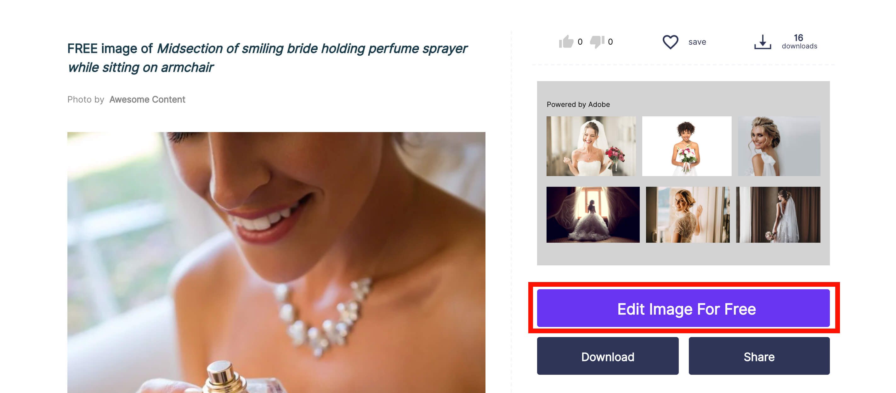 Screenshot of a selected perfume image of a bride holding a perfume bottle with the 'edit image for free' button highlighted in red - Create engaging photo collages: a complete guide - Image