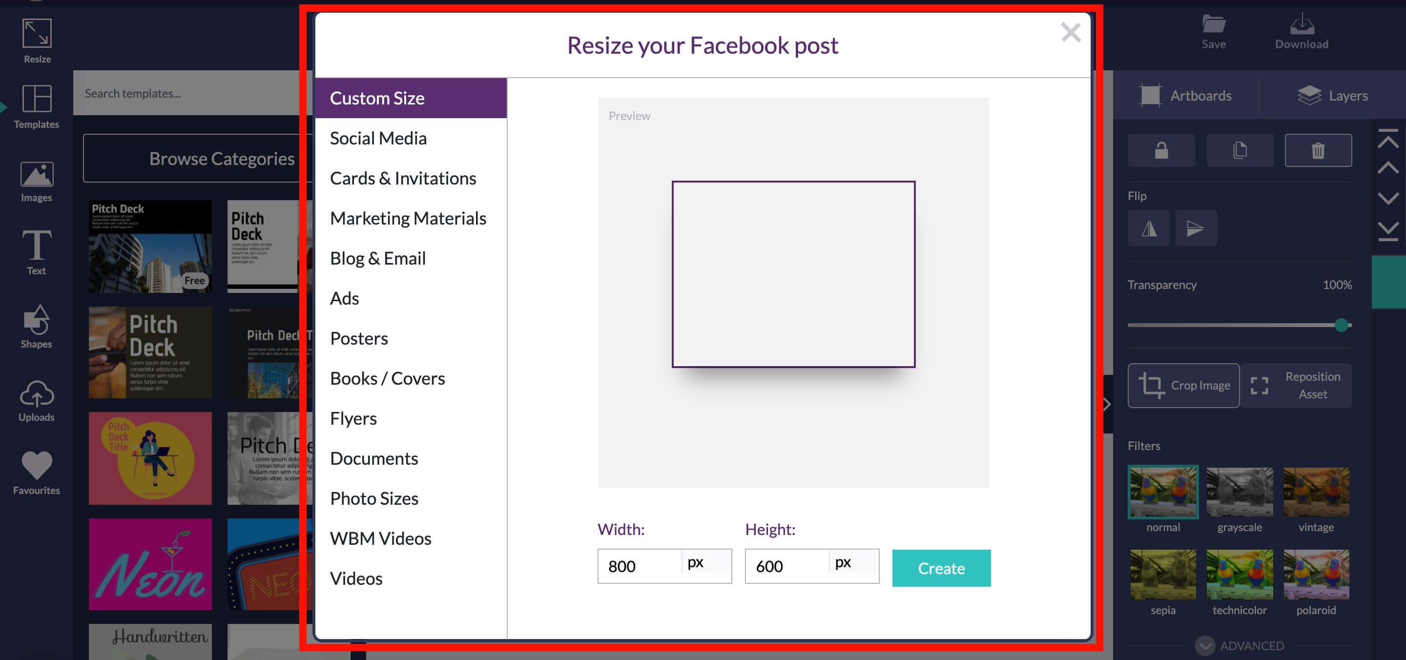 Screenshot of the design wizard resizing options highlighted in red - Create engaging photo collages: a complete guide - Image