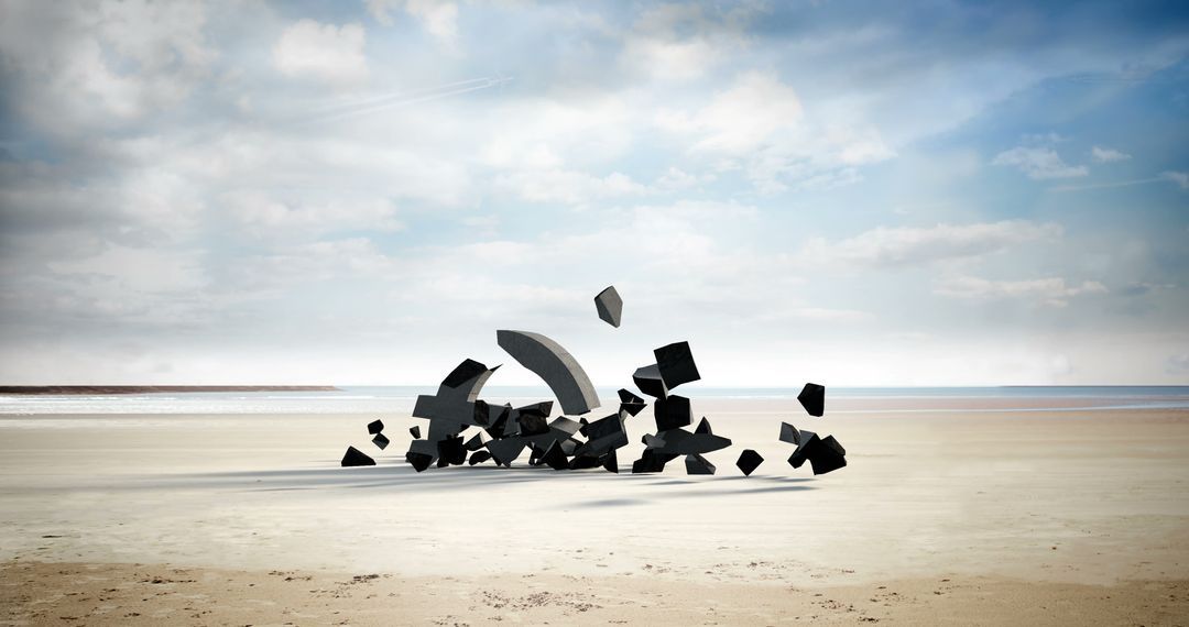 Shattered Stone Letters on Sandy Beach Under Vast Sky Vivid Scene Image