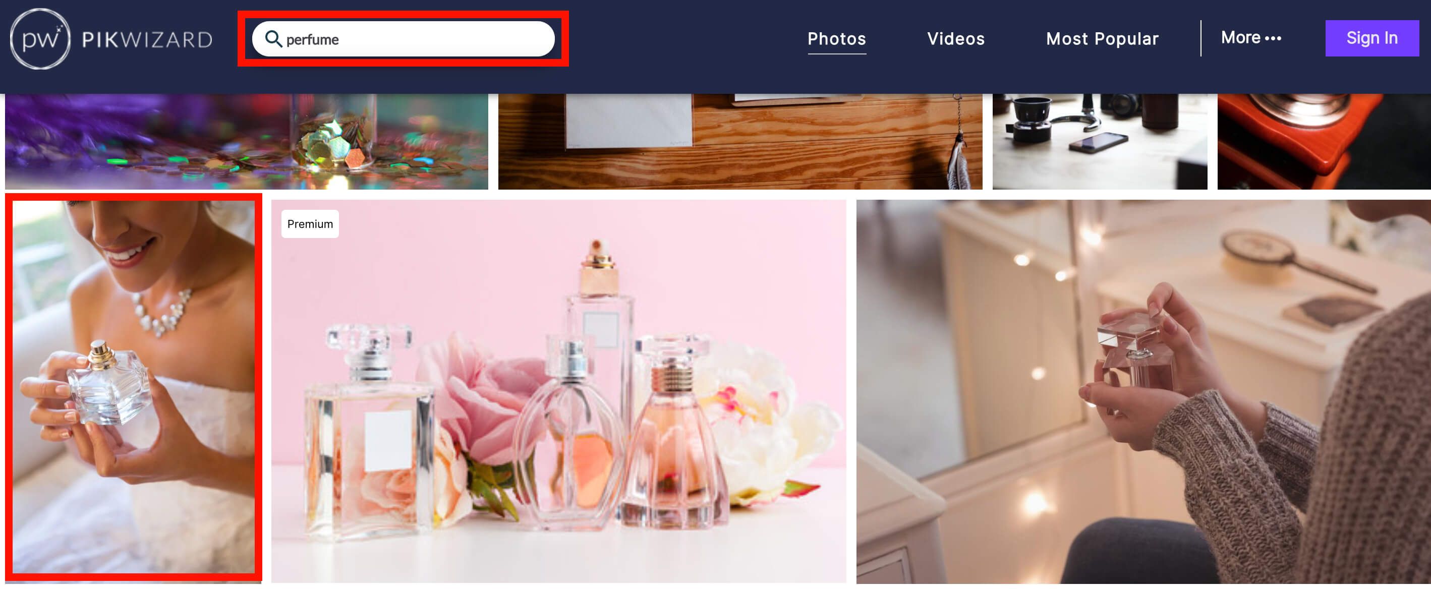Screenshot of the Pikwizard search bar highlighted in red, with more relevant images showing and one highlighted in red - Create engaging photo collages: a complete guide - Image