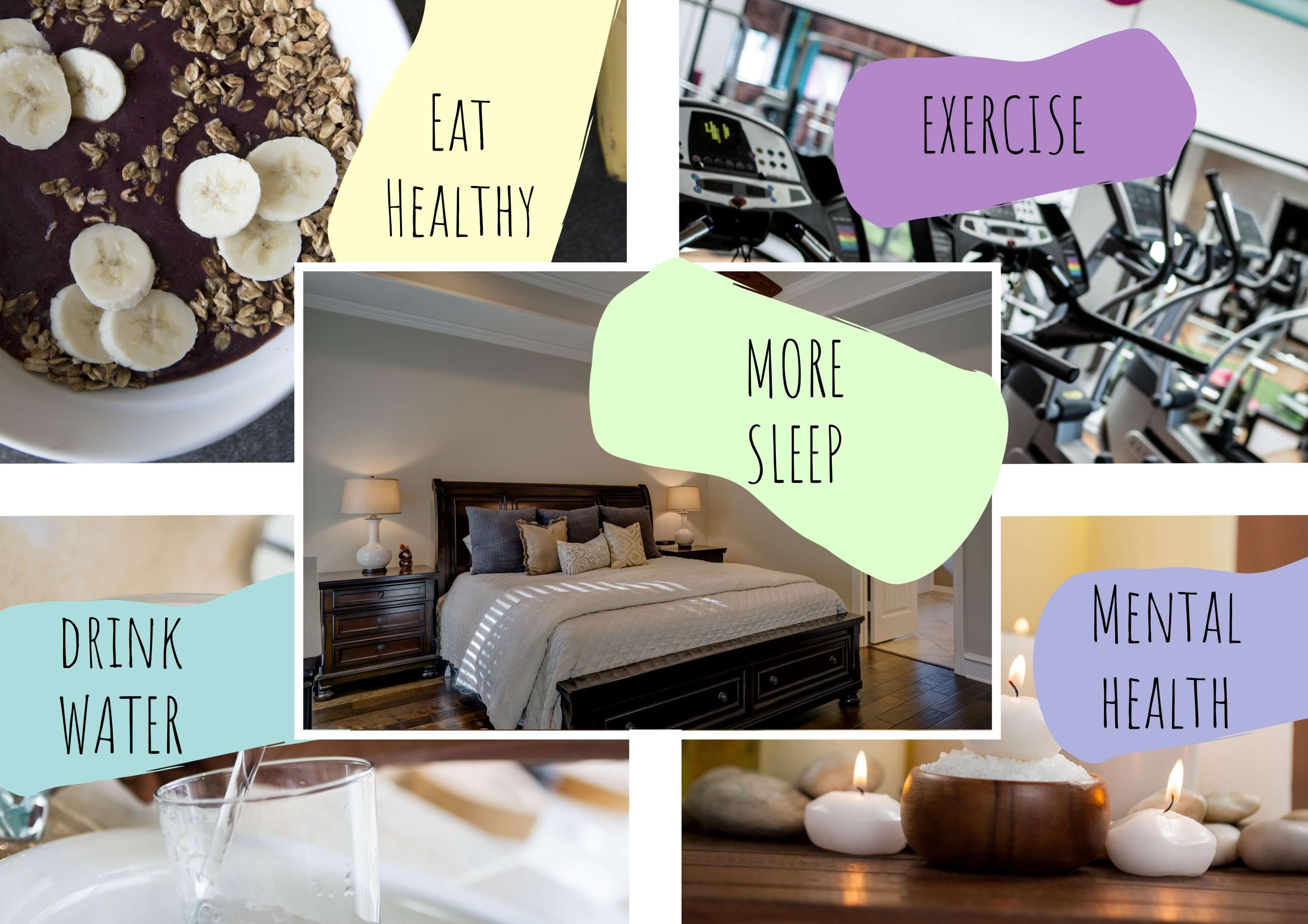 Lifestyle collage with 5 goals written on colored icons over matching images - Create engaging photo collages: a complete guide - Image