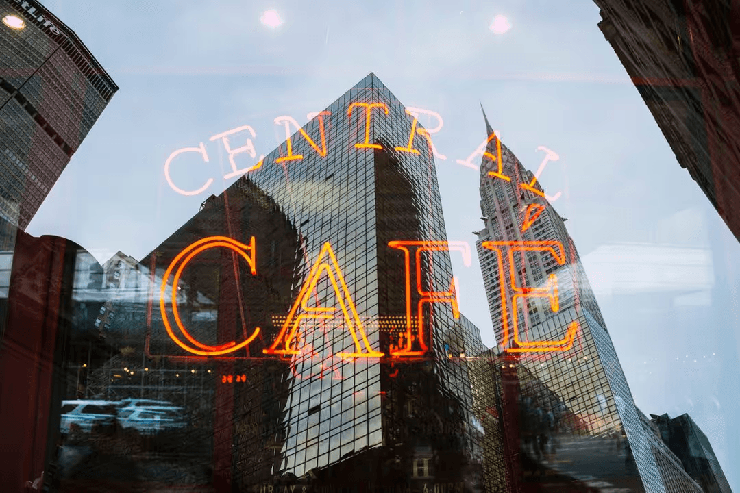 Neon sign in cafe window in urban area - How to create a perfect modern color scheme for your website - Image