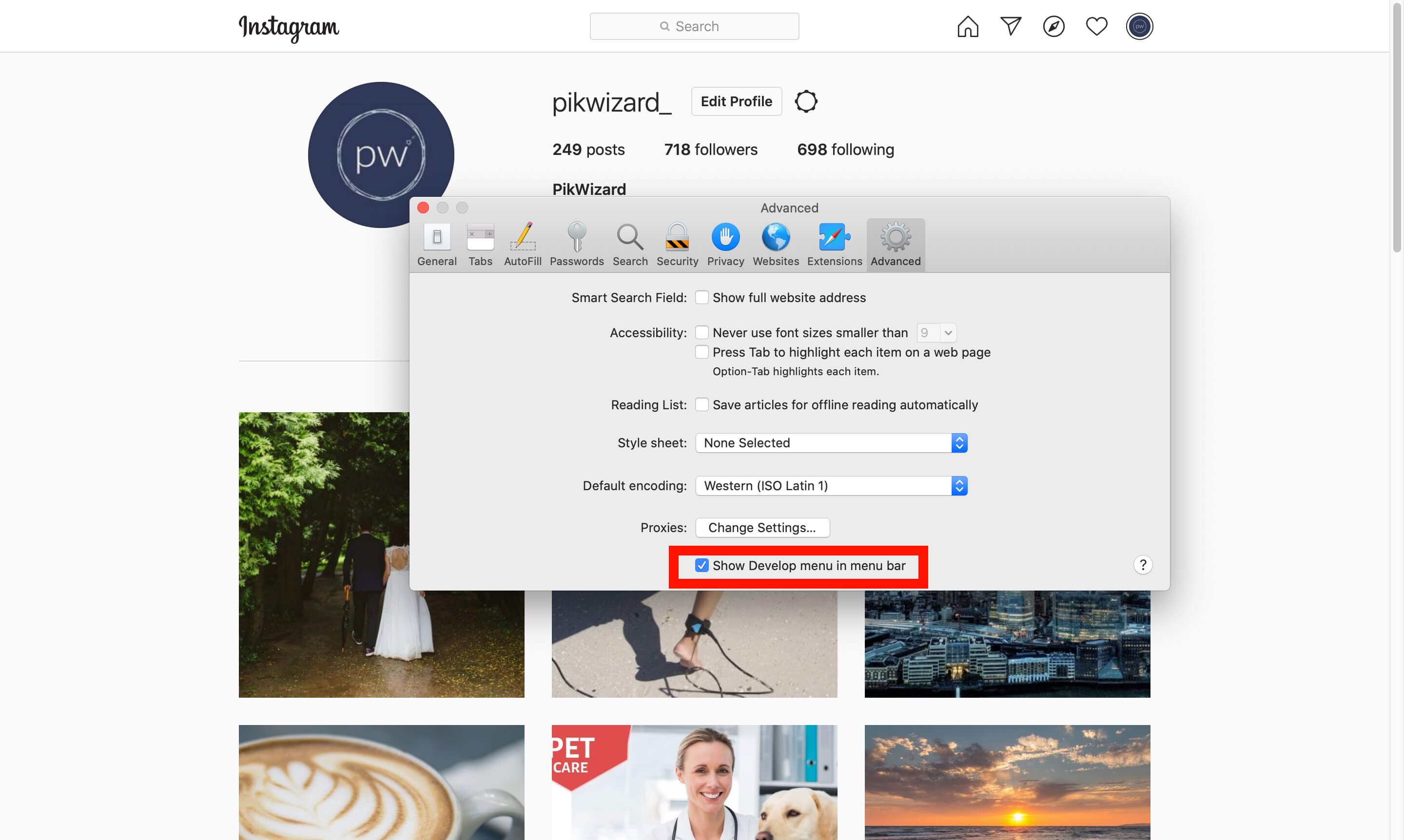 'Show develop menu in menu bar' ticked in Advanced Preferences - A complete beginner's guide on how to post on Instagram from a PC or Mac - Image