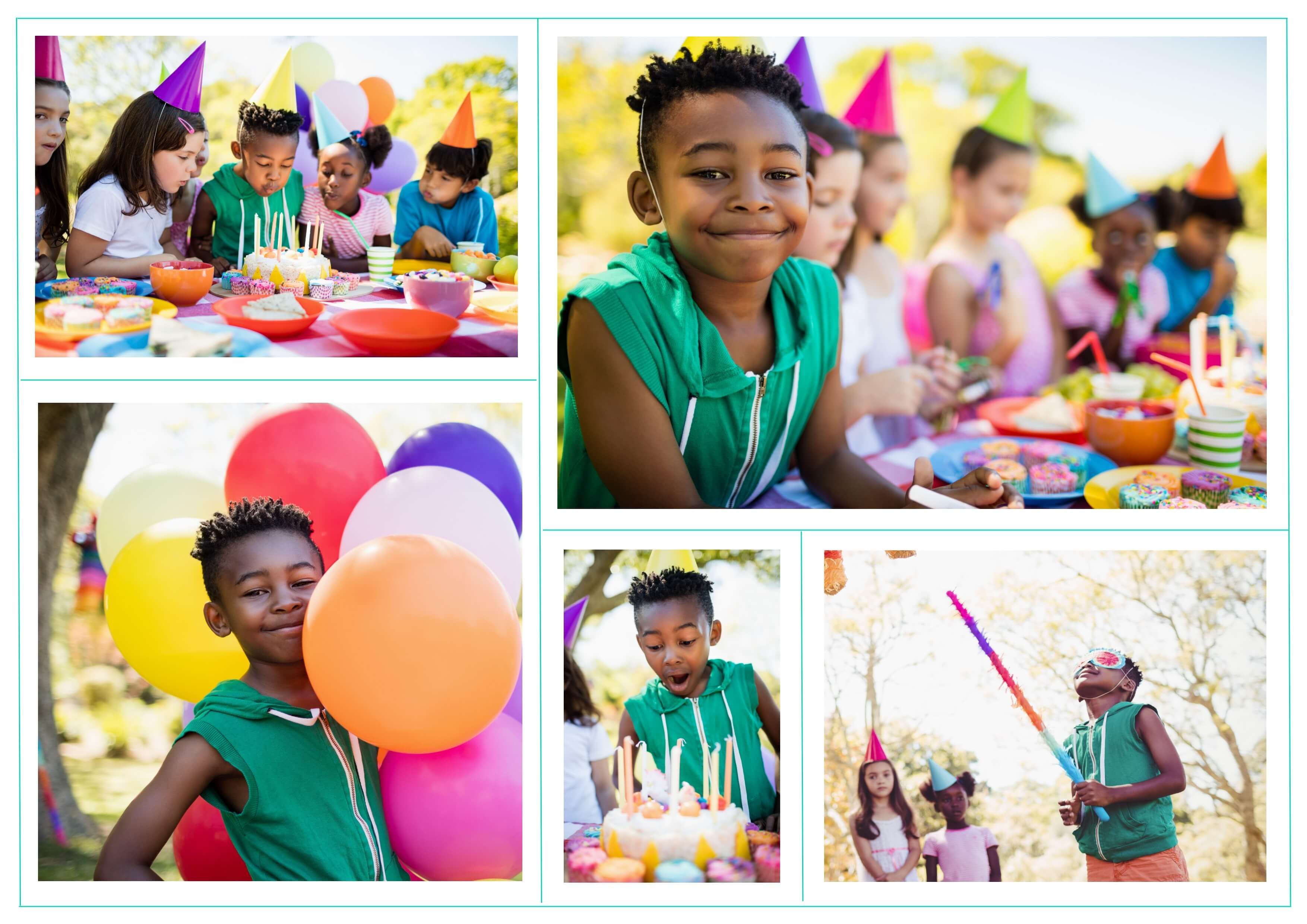 Birthday collage of 5 images from a birthday celebration framed by teal lines - Create engaging photo collages: a complete guide - Image