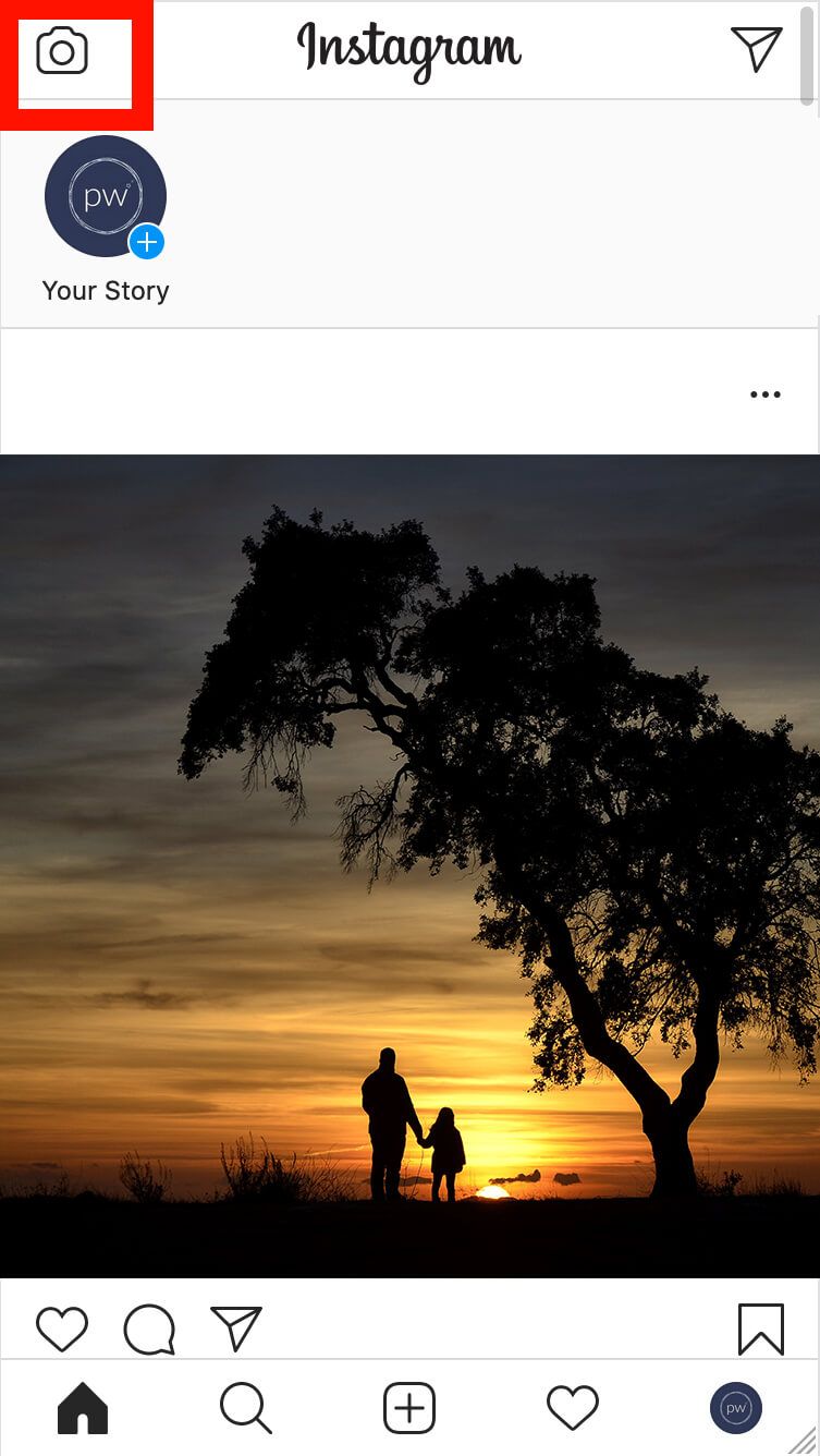 Mobile Instagram View with camera button for stories highlighted in red - A complete beginner's guide on how to post on Instagram from a PC or Mac - Image