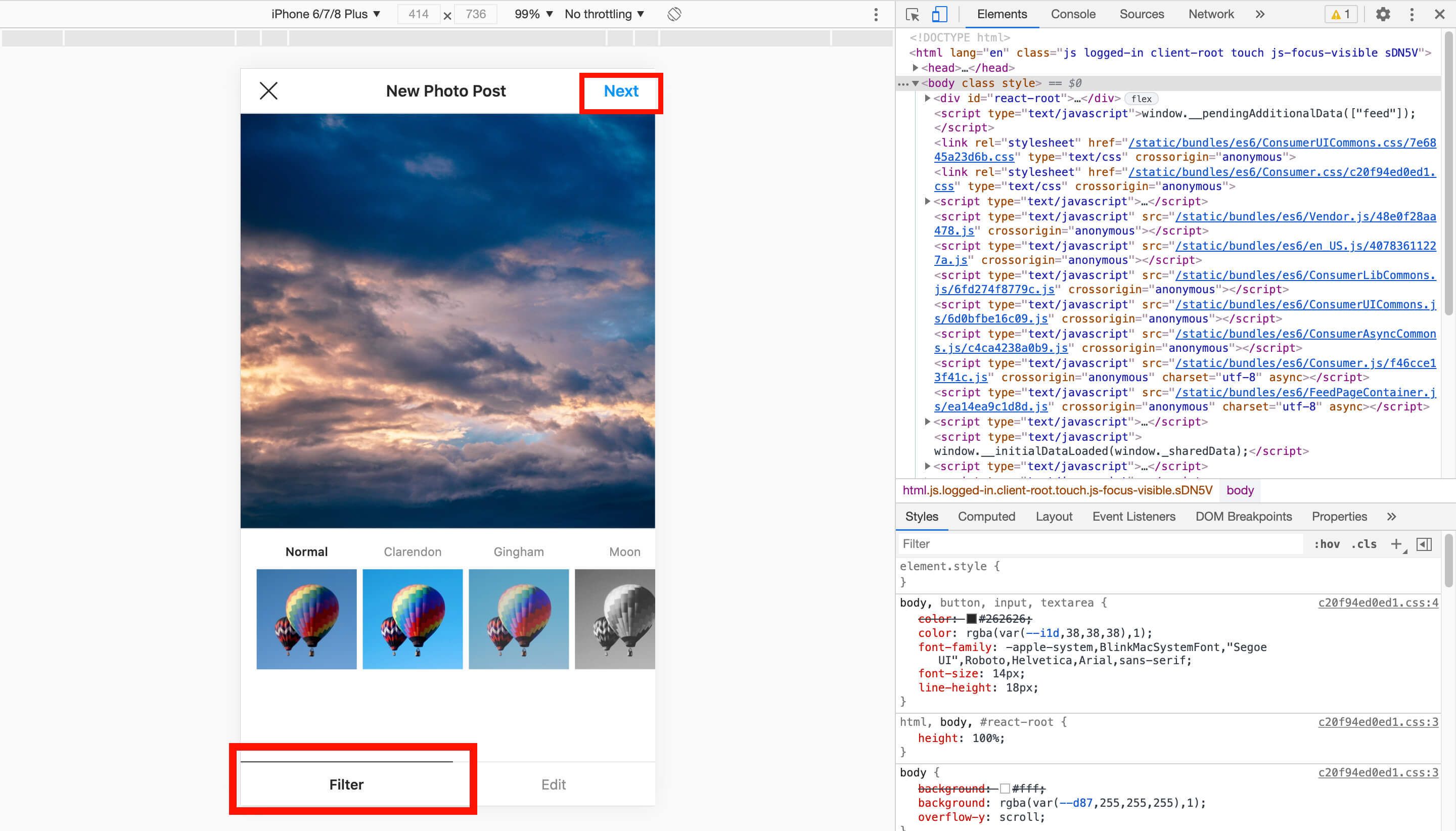 Screenshot of uploading a picture on Instagram, with multiple filters on the screen - A complete beginner's guide on how to post on Instagram from a PC or Mac - Image