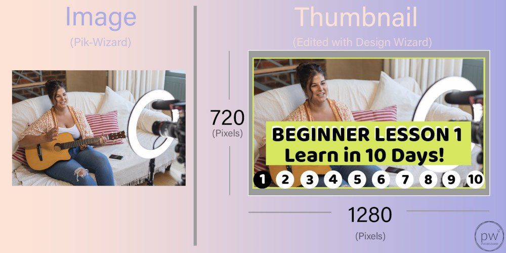 Image and edited image for a Youtube thumbnail side by side comparison using an image of a girl shooting a guitar tutorial with a circle light - How to choose the perfect YouTube thumbnail size - Image