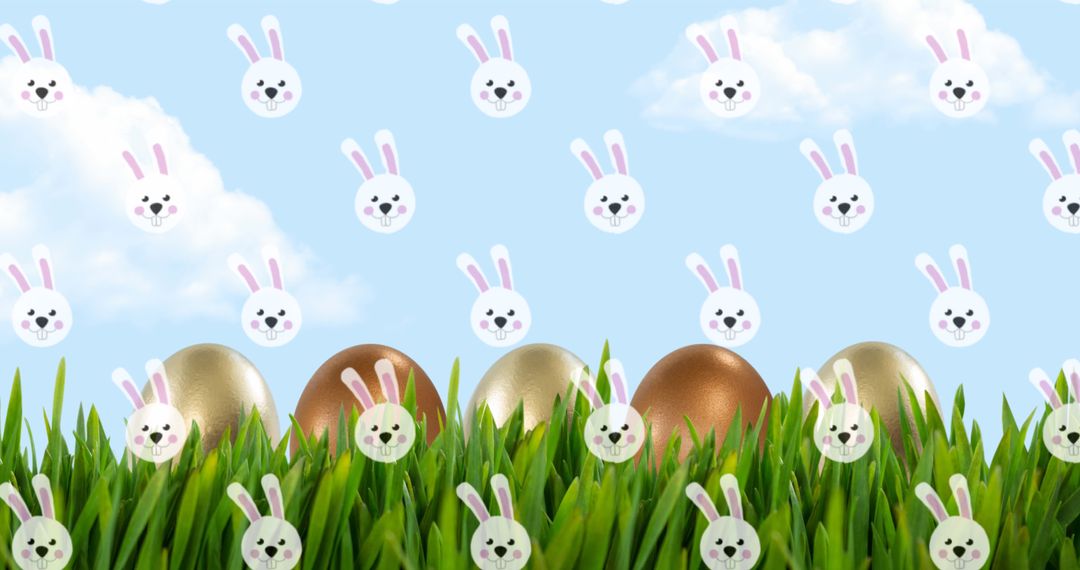 Colorful Easter Eggs in Lush Spring Grass with Cute Bunny Graphics