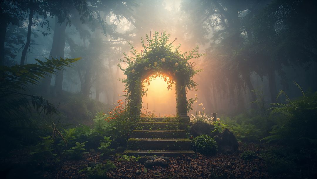 Enchanted Stone Archway in Misty Magical Forest