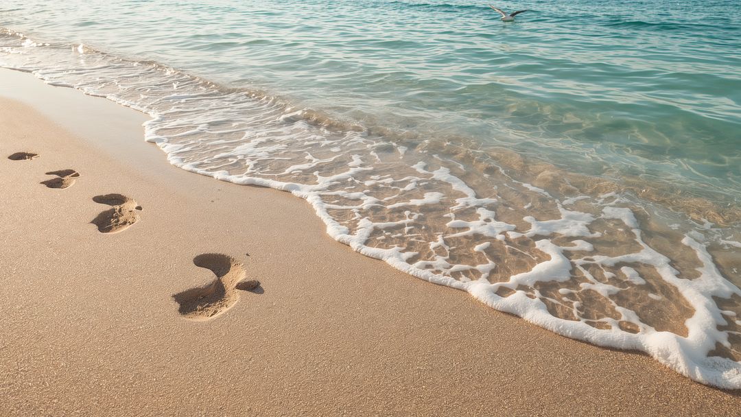 Footprints on Sandy Beach Leading to Ocean with Tranquil Waves