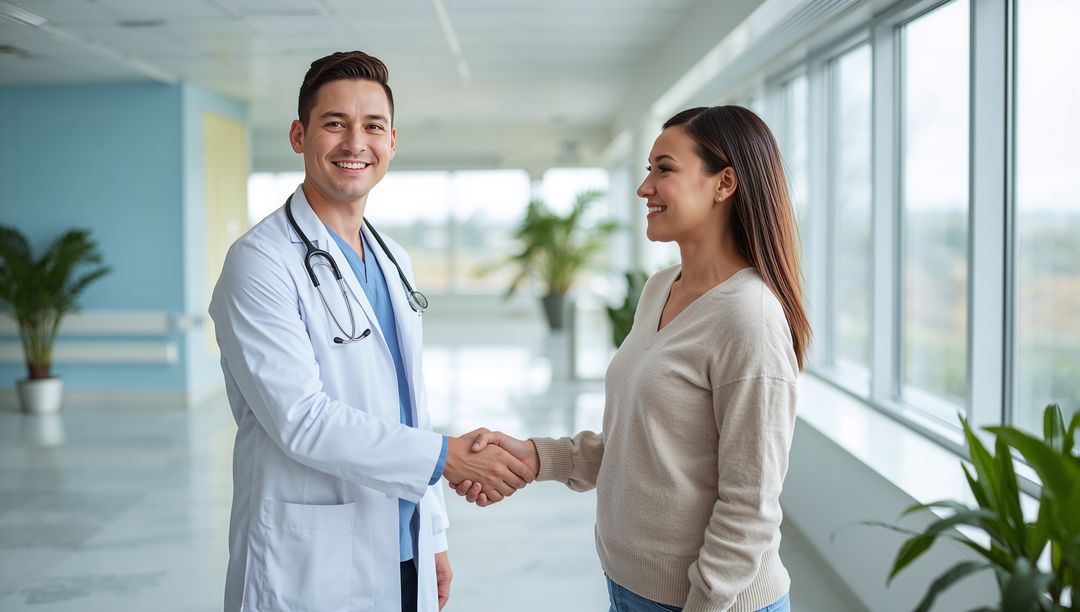 Smiling Doctor and Patient Handshake in Hospital Corridor