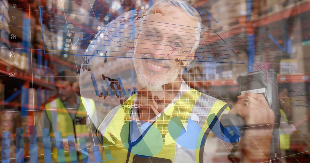 Warehouse Worker Examining Stock with Statistical Overlay