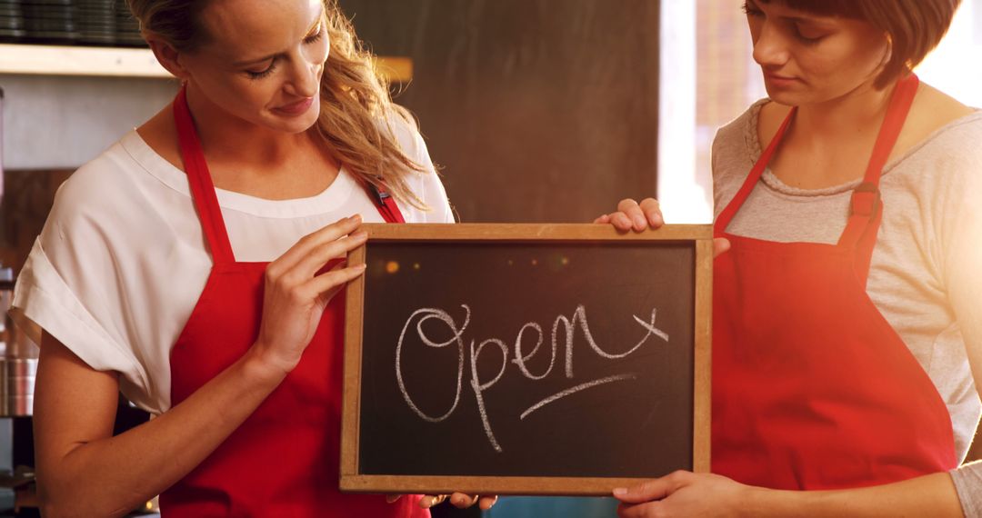 Smiling Waitresses Holding Open Sign in Cozy Cafe