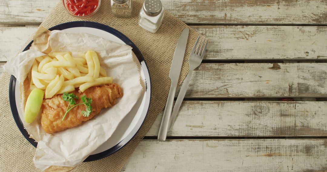 Fish and Chips with Ketchup on Rustic Wooden Table - Free Images, Stock Photos and Pictures on Pikwizard.com