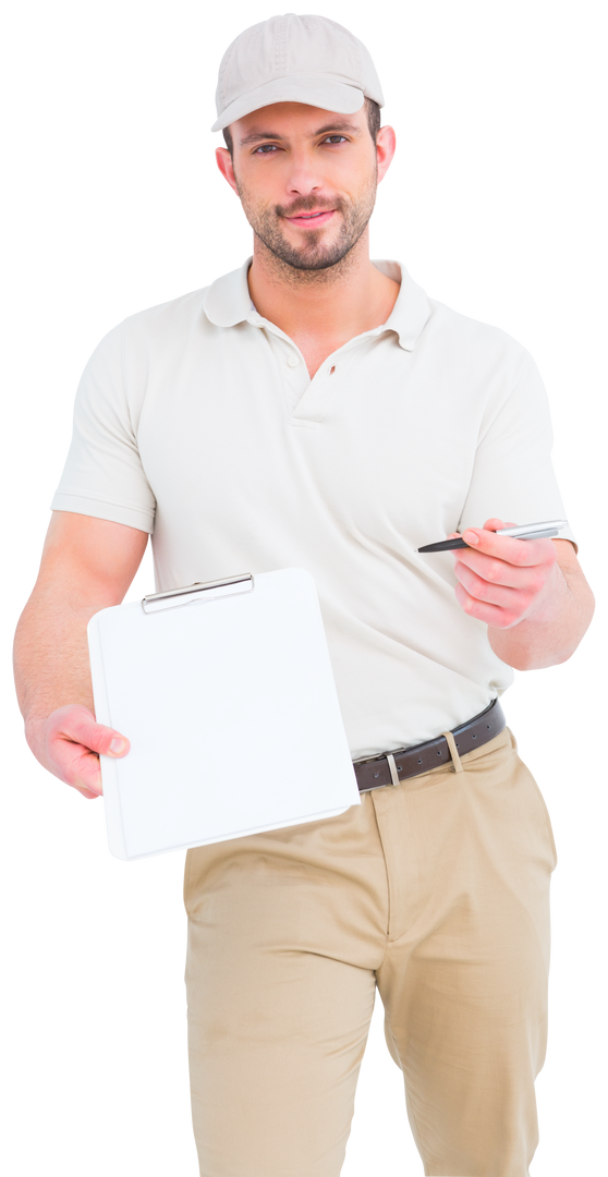 Transparent background delivery man holding clipboard extending pen for signature - Download Free Stock Images Pikwizard.com