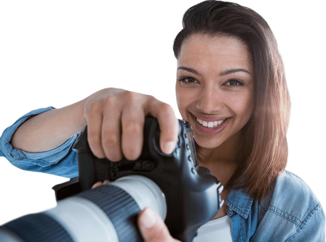 Smiling Photographer Capturing Moment with Digital Camera Transparent