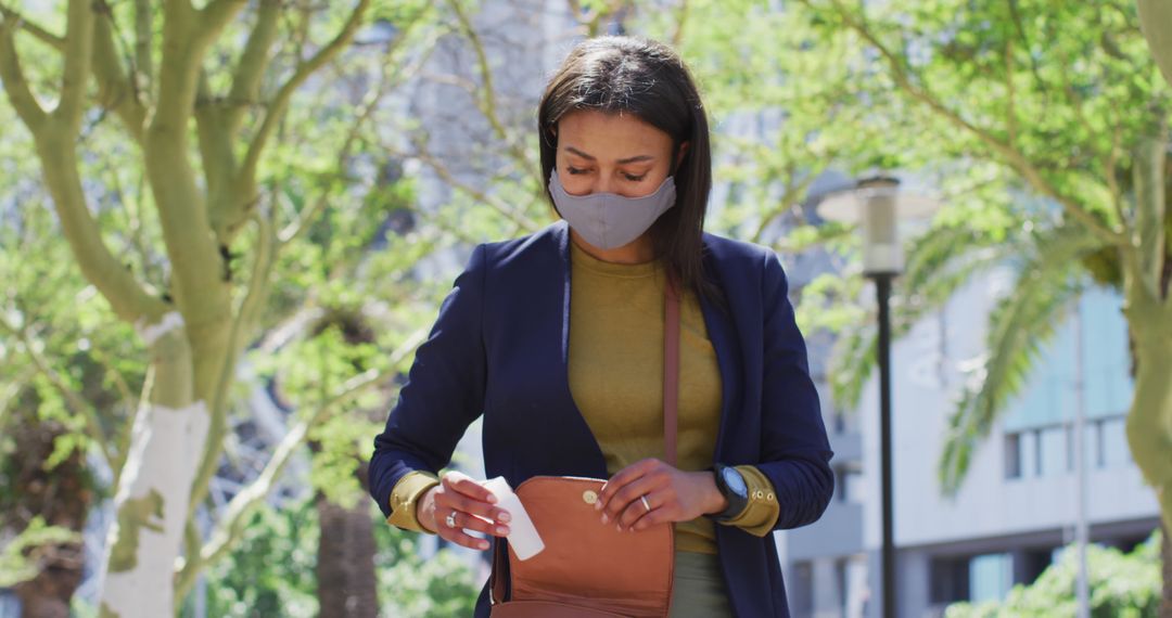 Woman Wearing Face Mask Using Hand Sanitizer Outdoors - Free Images, Stock Photos and Pictures on Pikwizard.com