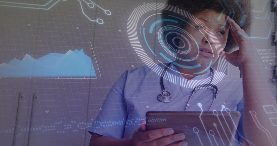 Nurse Analyzing Digital Health Data with Holographic Interface