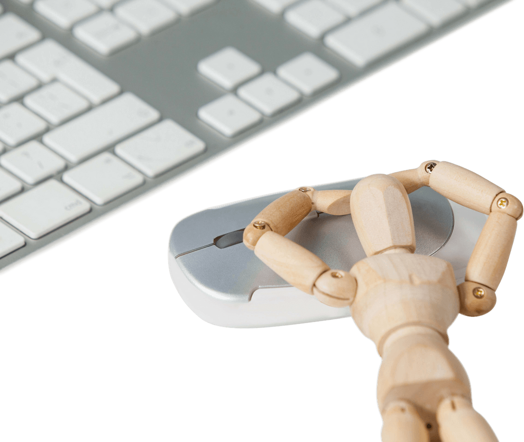 Wooden Figurine Relaxing on Computer Mouse Transparent Background