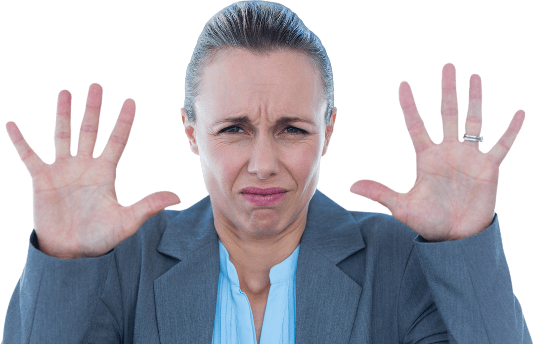 Upset Businesswoman with Raised Hands in Transparent Background