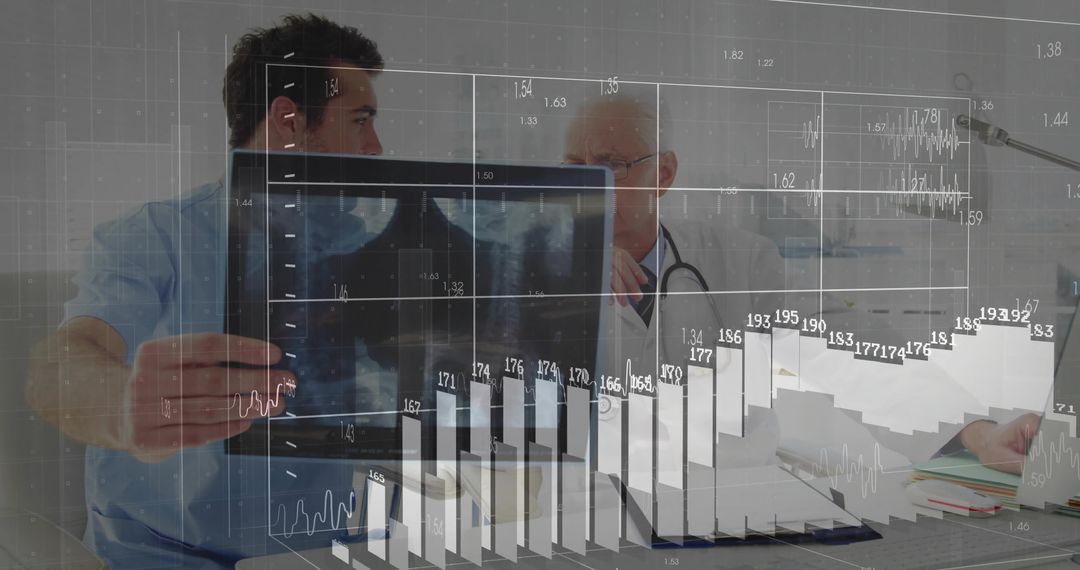 Doctors Analyzing Chest X-ray with Data Overlay in Clinical Setting