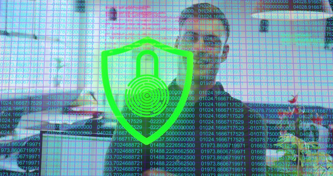 Cybersecurity Shield Overlay on Office Workspace with Code Streams