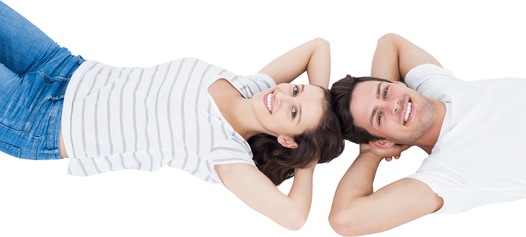 Happy Smiling Couple Lying Head to Head on Transparent Background