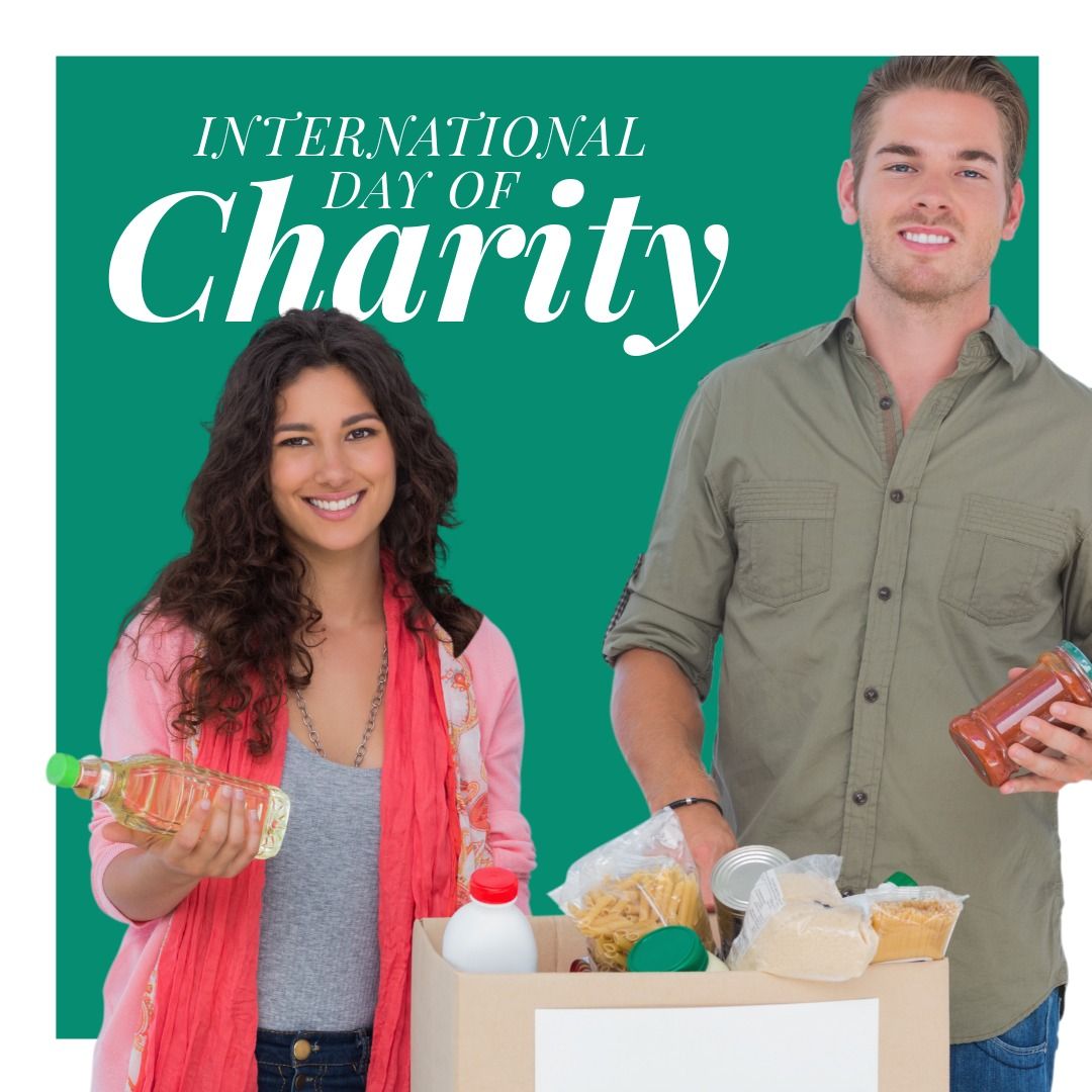 Portrait of young multiracial couple donating groceries with international day of charity text - Download Free Stock Templates Pikwizard.com