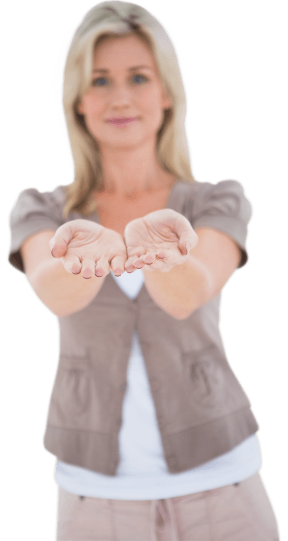 Woman Holding Out Hands in Friendly Gesture on Transparent Background