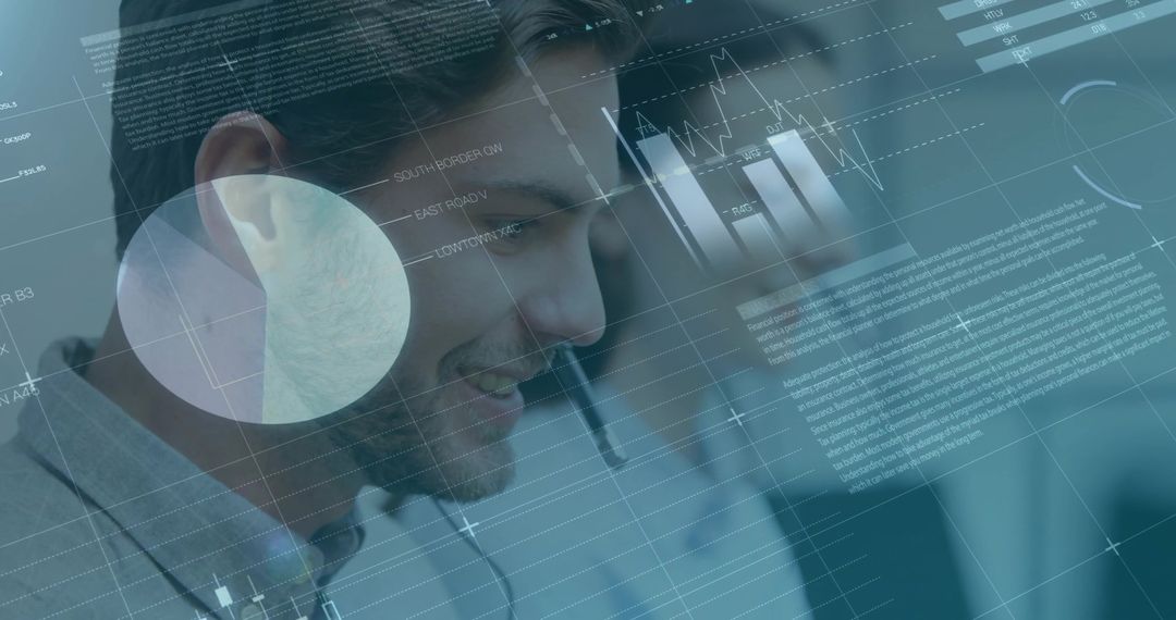 Business Professional Collaborating Virtually with Headset and Data