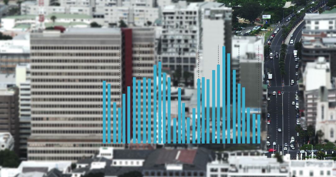 Aerial View of Cityscape Overlaid with Data Visualization Graphic