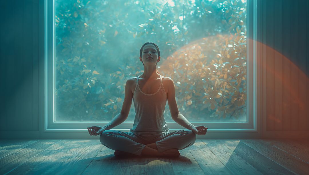 Woman Meditating in Lotus Position by Sunny Window