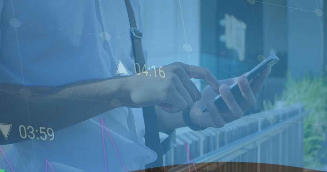 Man Using Smartphone with Digital Data Overlay Outdoors