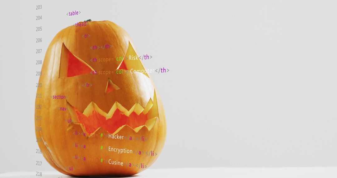 Jack-o'-Lantern with Code Overlay Representing Hacker Encryption and Cybersecurity Concept