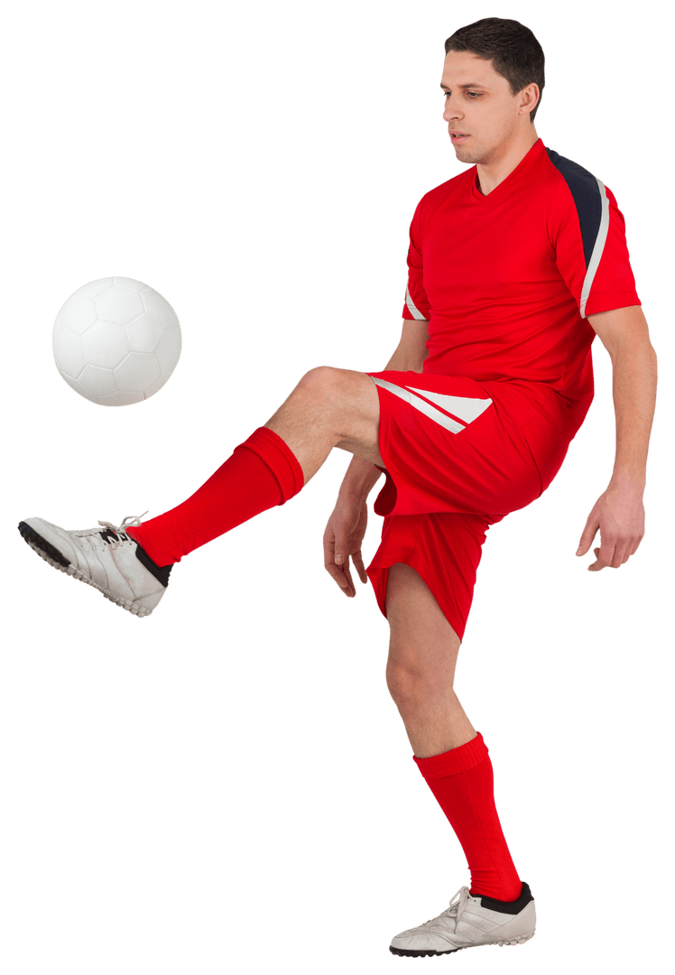 Athletic Soccer Player in Red Uniform Juggling Ball Transparent
