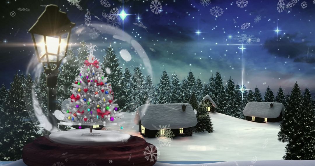 Magical Winter Landscape with Snow Globe and Christmas Tree