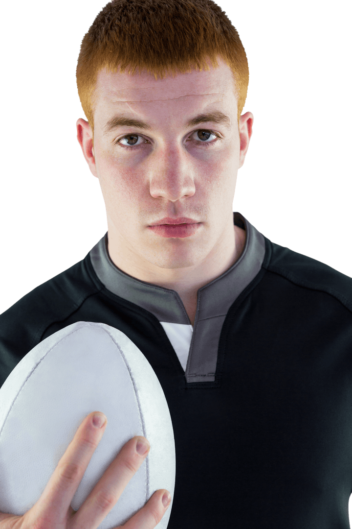 Transparent Background Rugby Player Holding Ball with Intensity