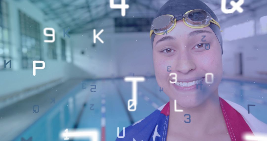 Smiling Young Swimmer With Flag Towel and Digital Overlay at Poolside